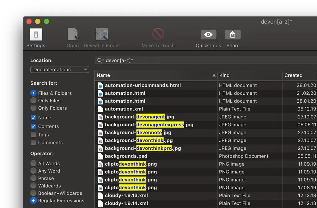 EasyFind on Mac with regular-expression search selected, name and contents filters, and highlighted matches in a file results table