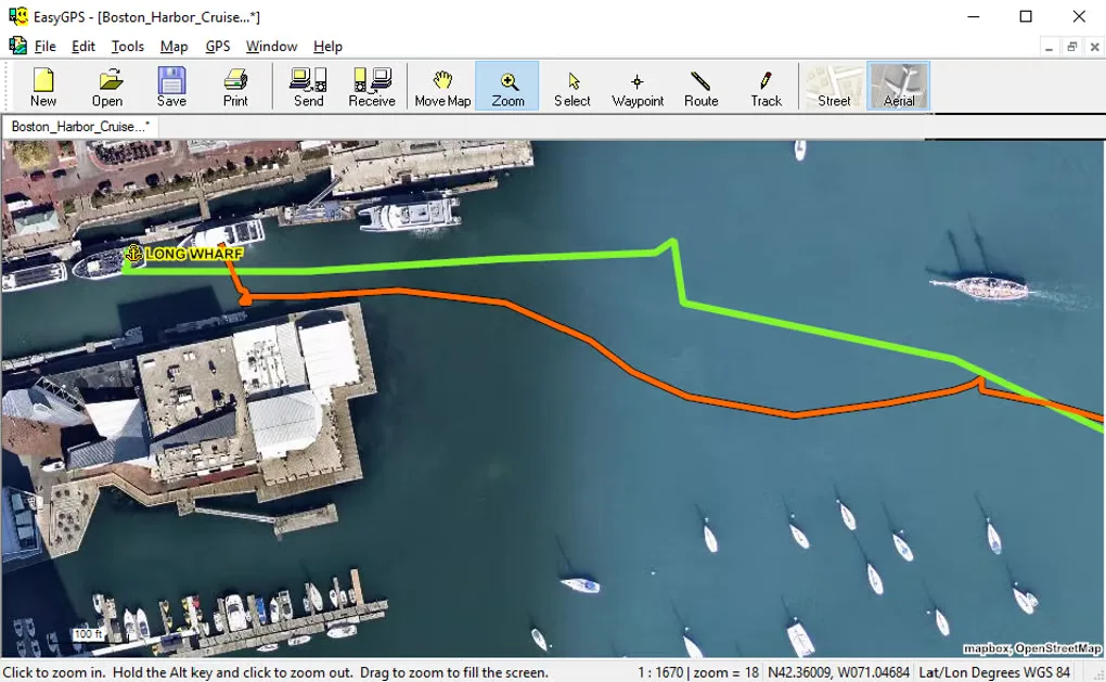 EasyGPS on Windows displaying Boston Harbor tracks and a Long Wharf waypoint over optional aerial imagery.