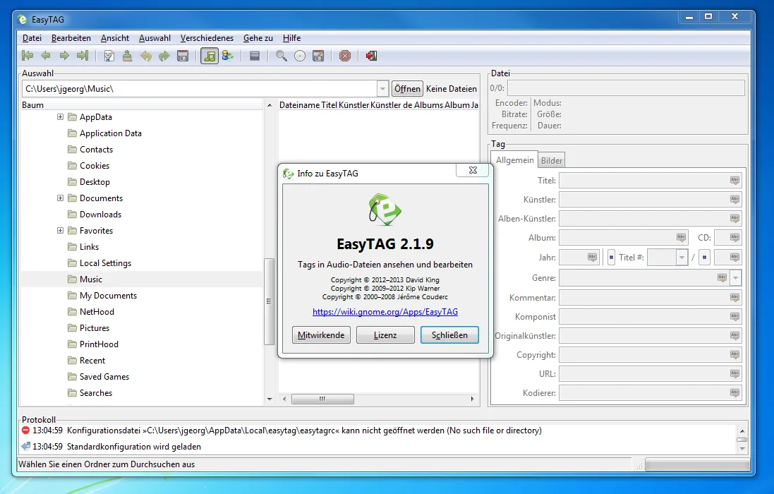 Historical EasyTAG 2.1.9 on Windows 7 in German, showing the folder browser, tag fields and About dialog