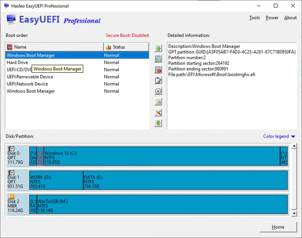 EasyUEFI Professional showing the UEFI boot order, Windows Boot Manager details and disk partition map
