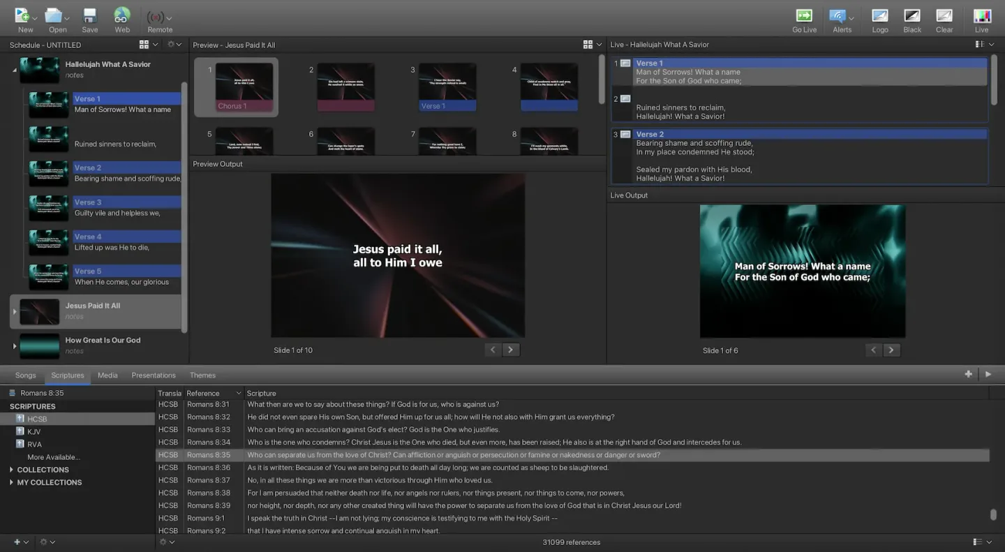 EasyWorship interface with a service schedule, lyric slide previews, live output and Scripture resources.