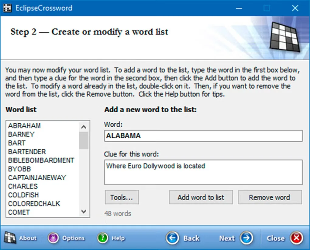 EclipseCrossword word-list editor with word and clue fields, a word list, and Back and Next controls.