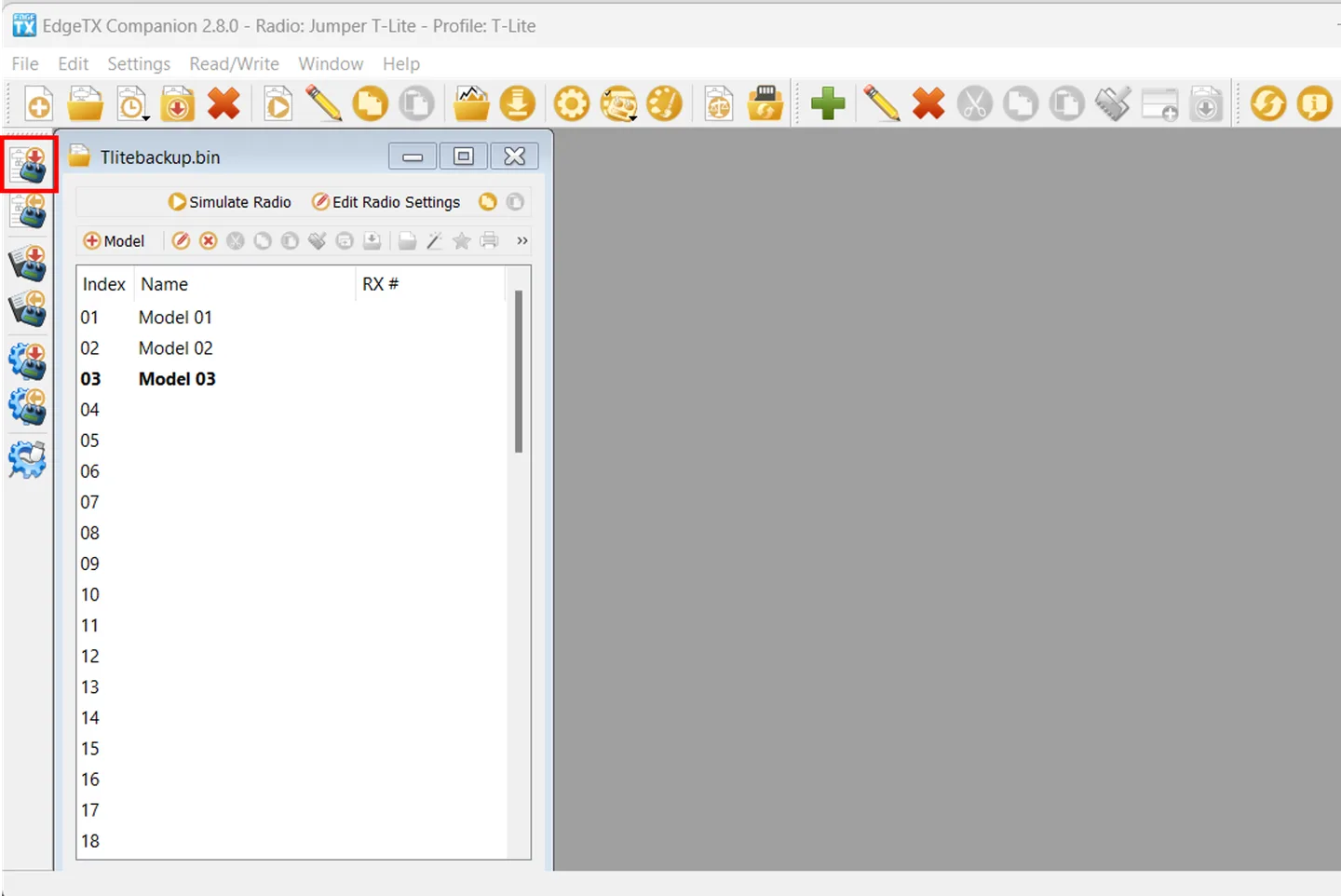 EdgeTX Companion 2.8.0 on Windows showing a Jumper T-Lite profile, three model entries and read/write toolbar.