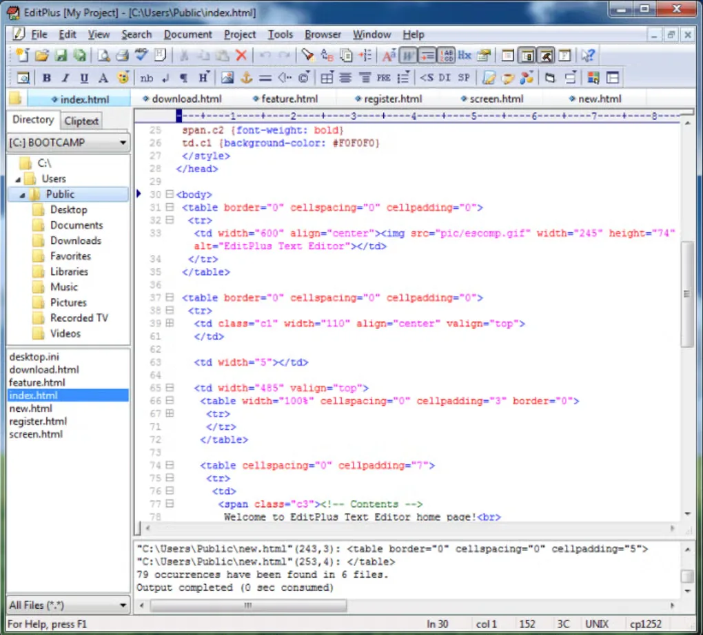 Older EditPlus Windows interface editing HTML, with document tabs, directory pane and output results