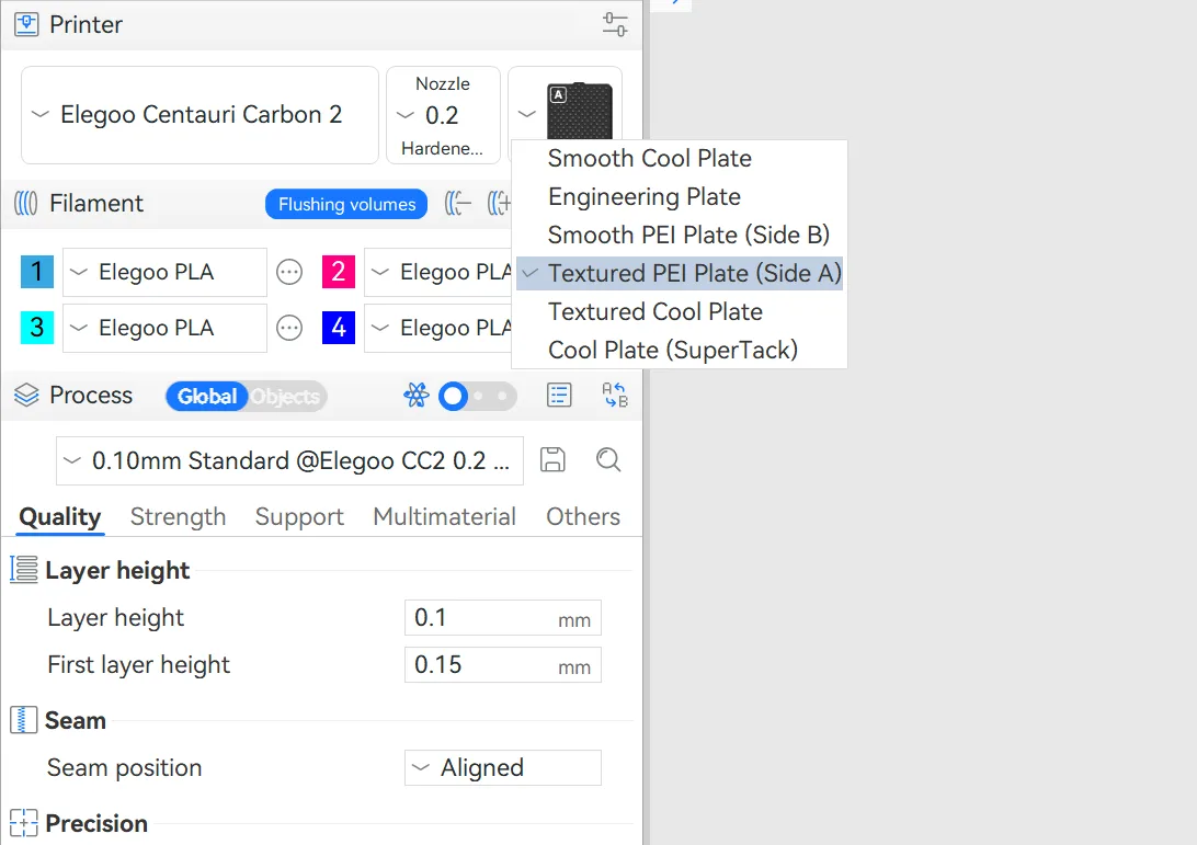 ElegooSlicer settings panel with Centauri Carbon 2 printer profile, filament slots and the build-plate menu open.