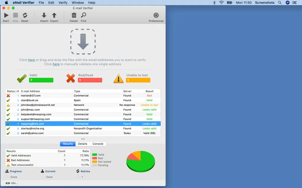 eMail Verifier on Mac showing address verification results, valid and bad address counts, and a results chart