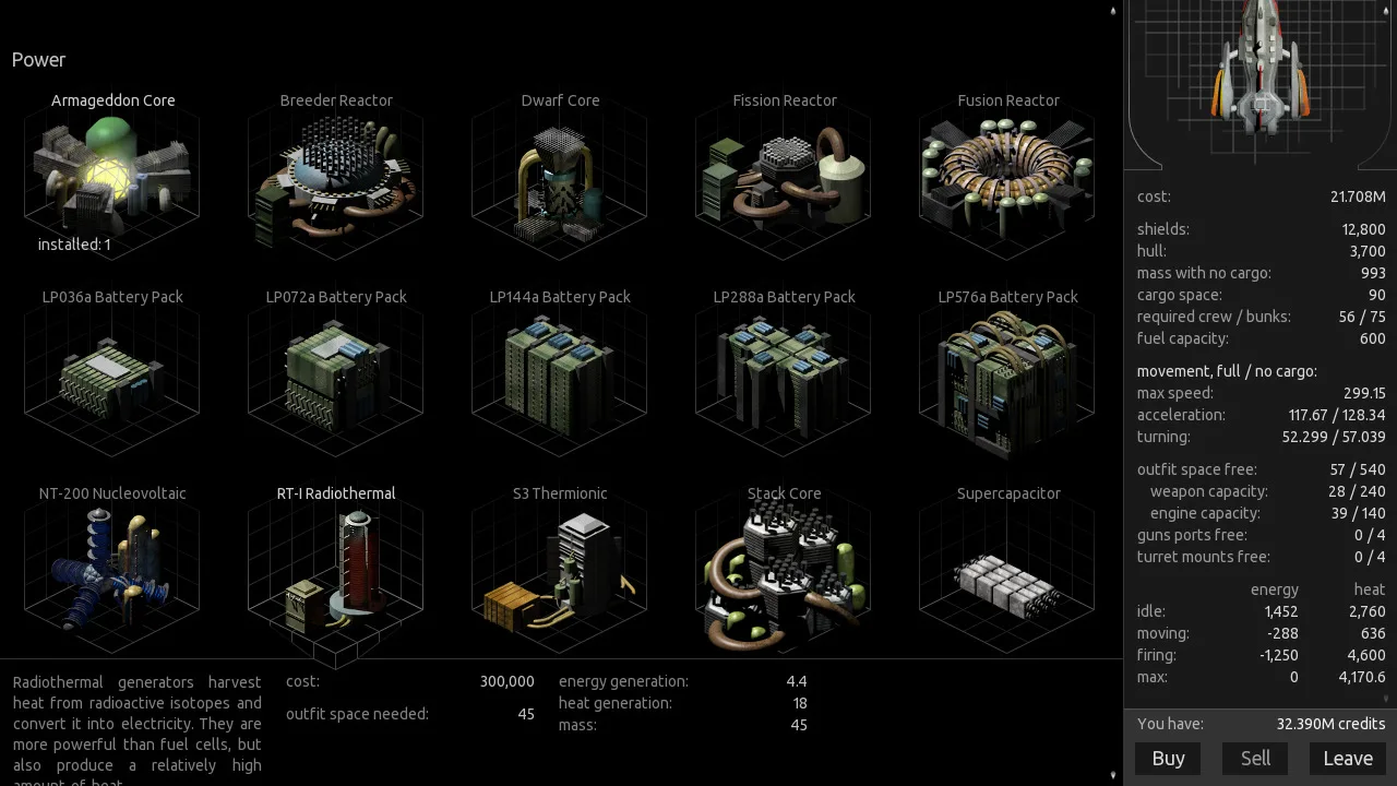 Endless Sky outfitter showing power generators, batteries, ship statistics and Buy, Sell and Leave controls