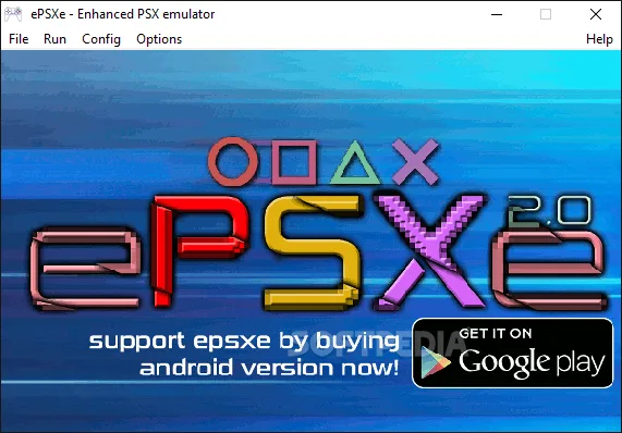Earlier ePSXe Windows main window with File, Run, Config, Options and Help menus and 2.0 branding.
