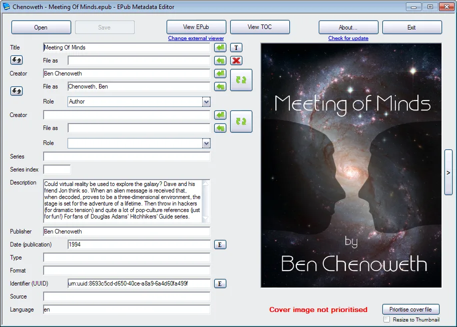 EPUB Metadata Editor on Windows showing title, author and publication fields beside the Meeting of Minds book cover.