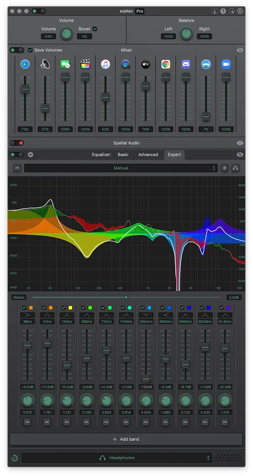 Publisher screenshot of eqMac Pro showing per-app volume sliders and the Expert Equalizer graph with adjustable frequency bands