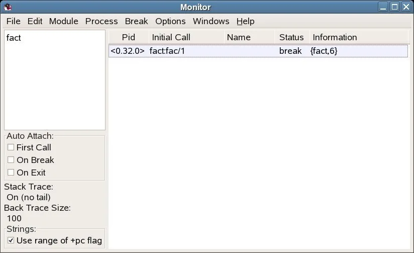 Publisher guide’s Erlang Debugger Monitor showing fact:fac/1 stopped at a breakpoint; historical UI, capture platform and version unspecified.