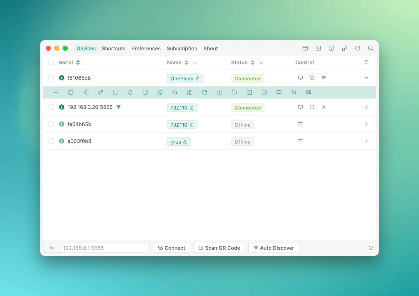 Publisher Escrcpy overview: Android device list, connection statuses and expanded controls; macOS-style window frame.