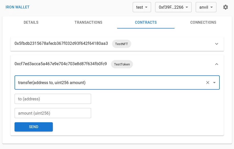 Historical ethui repository screenshot labelled Iron Wallet, with Anvil selected and the Contracts tab showing a TestToken transfer form; not a current-release or macOS-specific capture.
