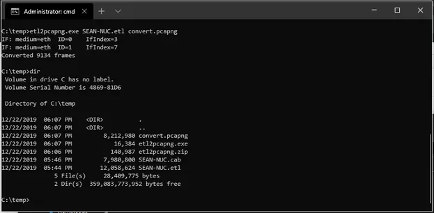 Historical Microsoft example: etl2pcapng converts an ETL trace in a Windows command prompt and lists the resulting PCAPNG file.