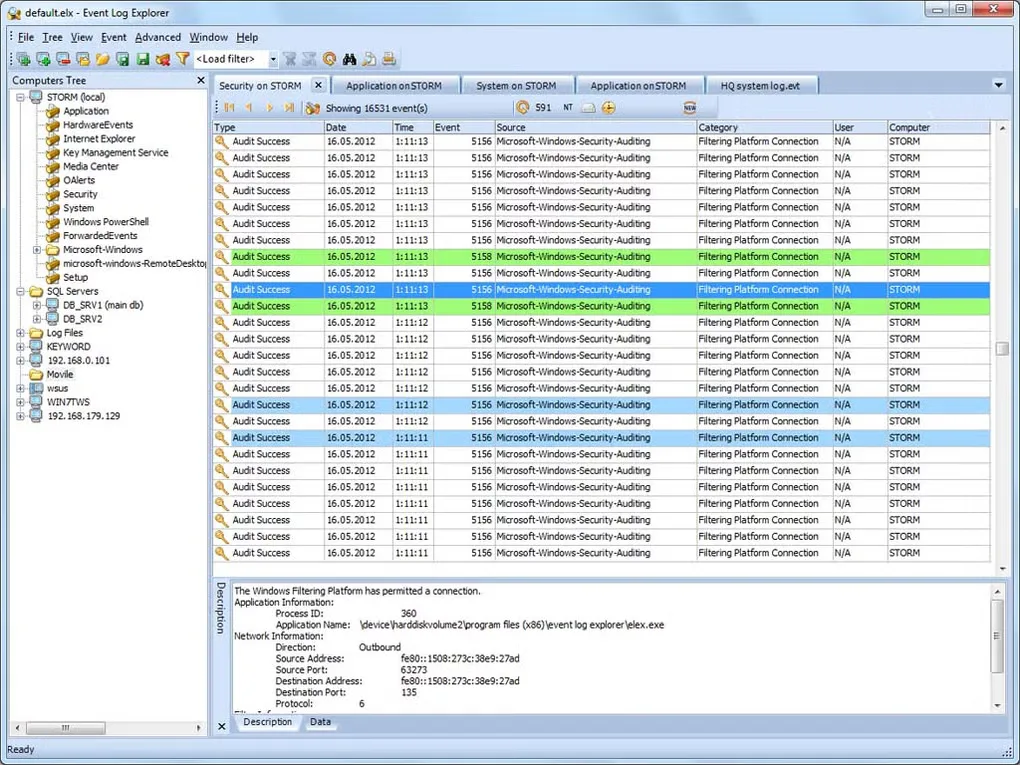 Older Event Log Explorer interface with a computer tree, Security event table, colored rows and event details below