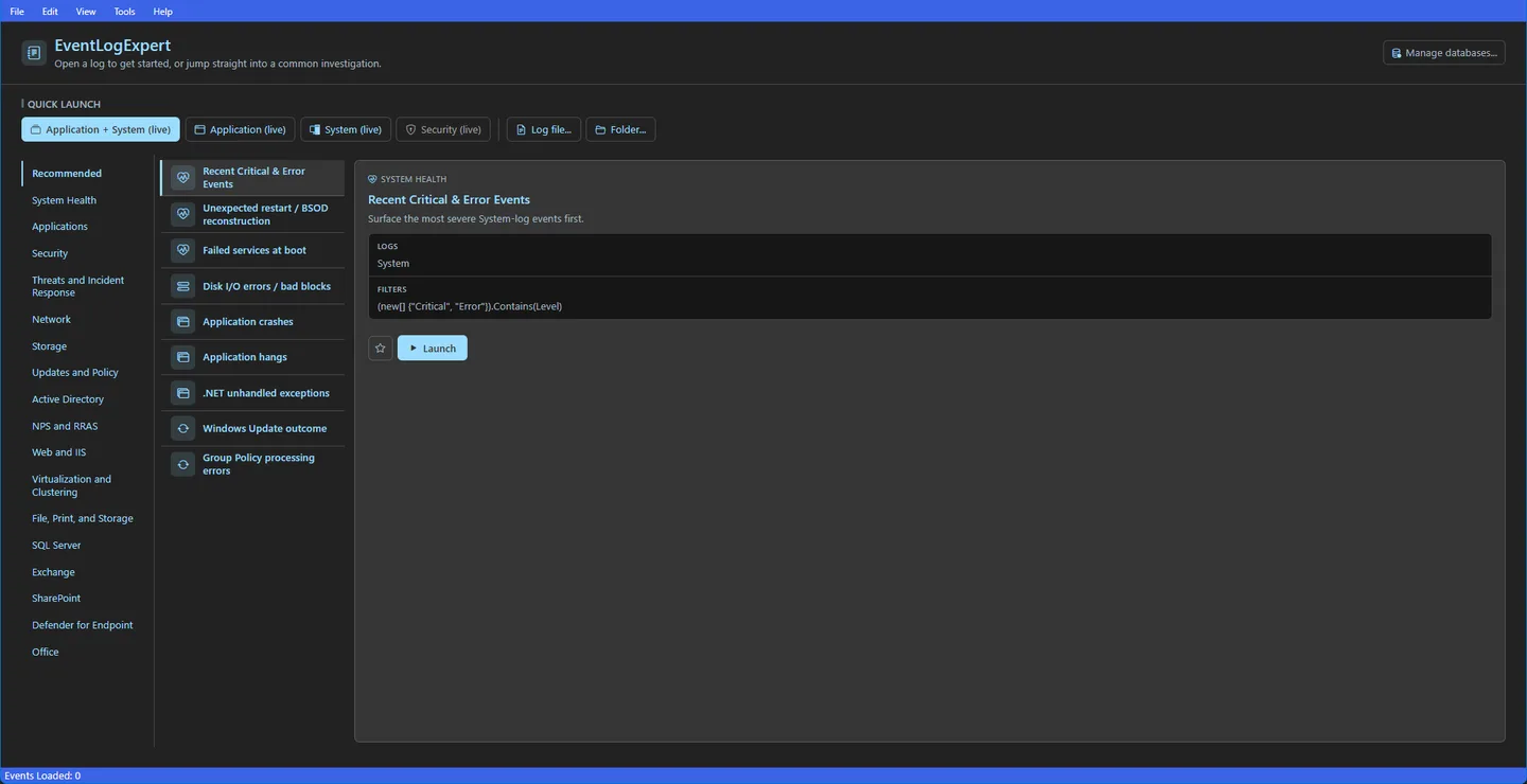 EventLogExpert dark-theme dashboard with live-log shortcuts and the Recent Critical & Error Events investigation selected