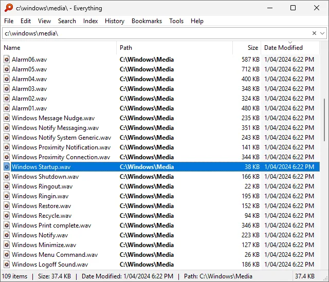 Everything for Windows showing a C:\Windows\Media folder search, file paths, sizes and modified dates, with Windows Startup.wav selected.