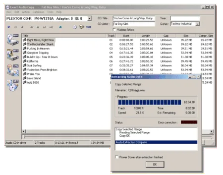 Historical Exact Audio Copy Windows interface showing CD tracks and an audio extraction progress dialog