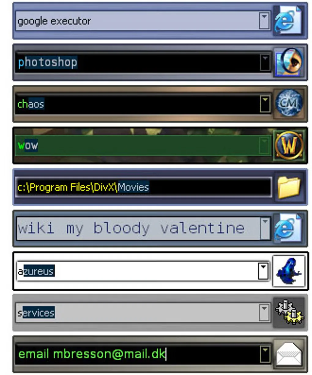 Historical Executor launcher skins showing typed app names, web queries and a folder path in Windows command bars.
