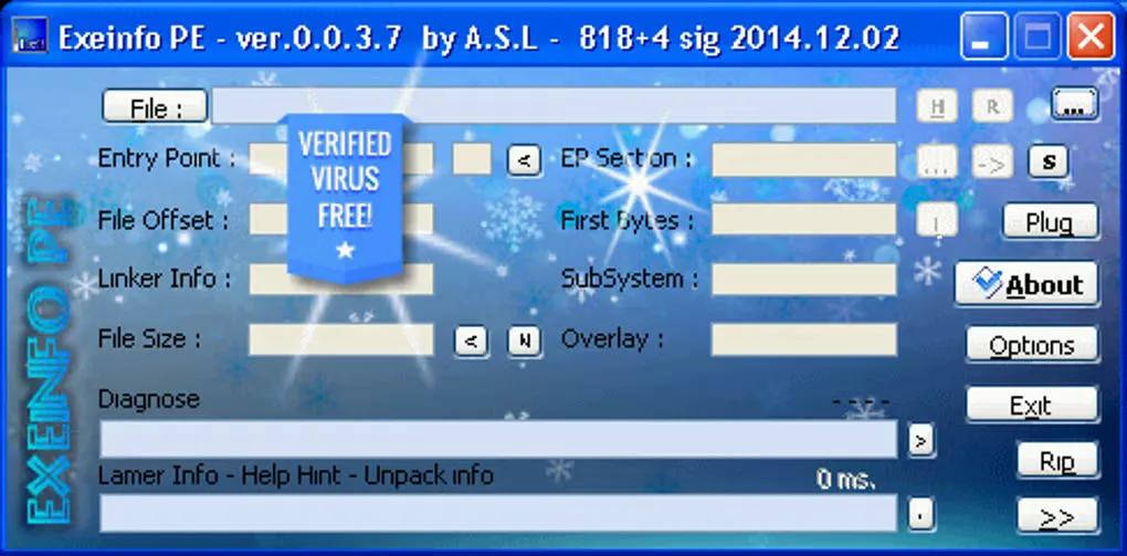 Historical Exeinfo PE 0.0.3.7 Windows interface with file, entry-point, section and diagnosis fields; source image includes a safety badge.