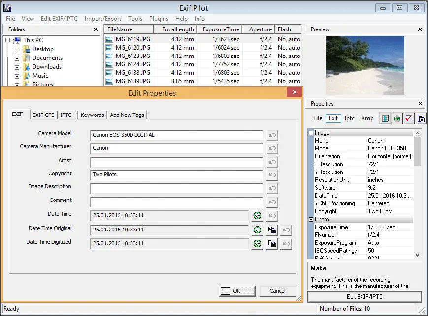 Exif Pilot showing photo files, a beach preview and an Edit Properties dialog for camera, copyright and date metadata.