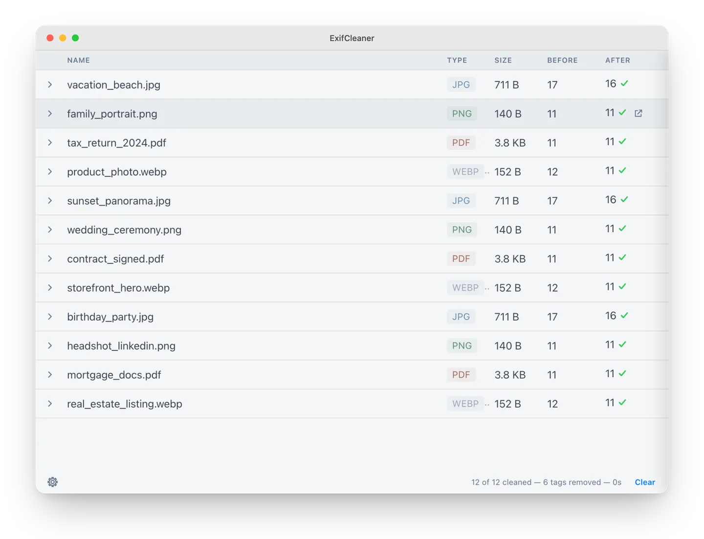 ExifCleaner on macOS showing a batch of JPG, PNG, PDF and WebP files with before and after metadata counts.
