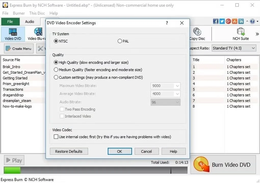 Express Burn on Windows with DVD Video Encoder Settings showing NTSC/PAL and encoding quality options; DVD features depend on edition.