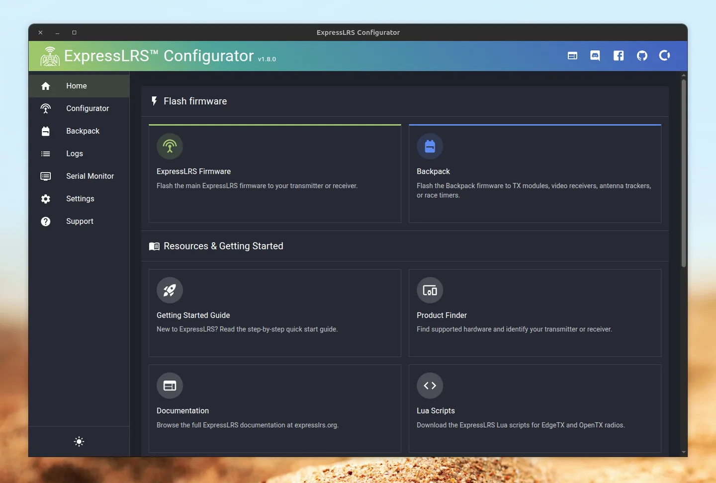 Publisher screenshot of ExpressLRS Configurator 1.8.0 home screen with firmware flashing and getting-started panels