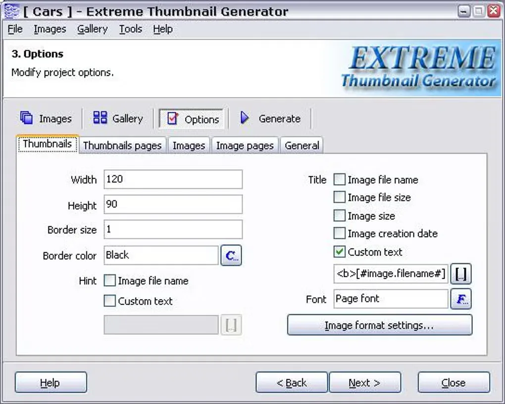 Older Extreme Thumbnail Generator Windows interface showing thumbnail width, height, border and title options.
