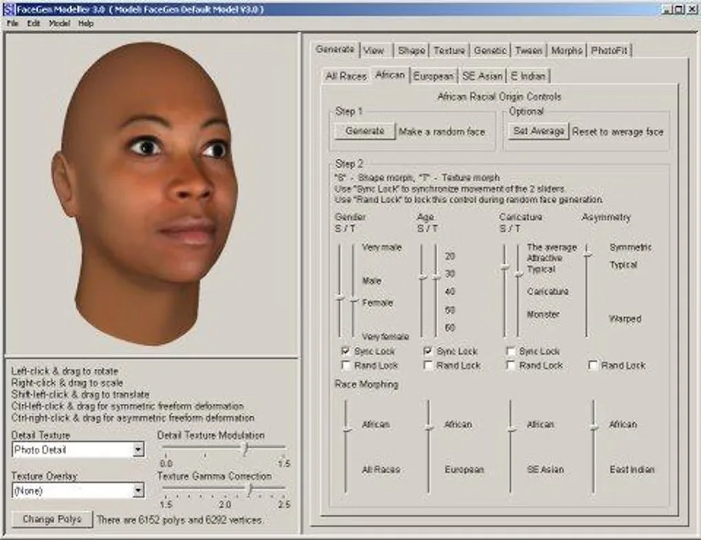 Historical FaceGen Modeller 3.0 Windows interface with a 3D head preview and facial-shape controls.