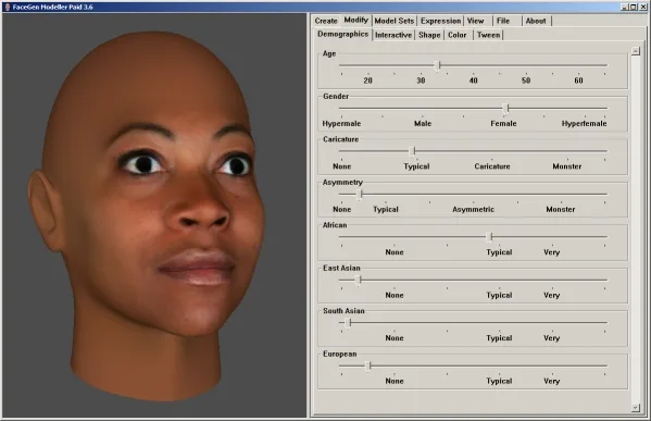 Publisher screenshot of FaceGen Modeller Paid 3.6 with a 3D head preview and face-editing sliders.