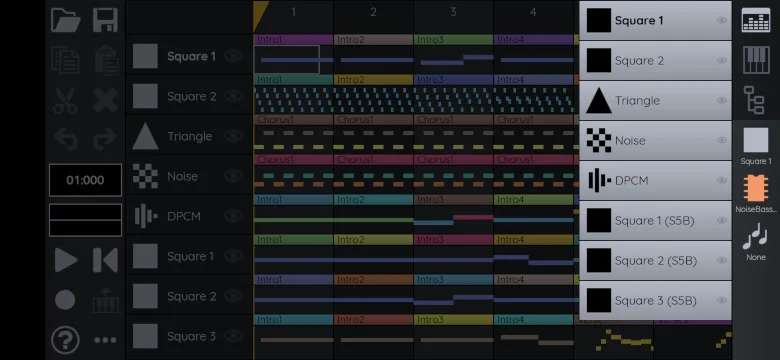 FamiStudio mobile pattern sequencer with the quick access channel selector open beside colored song patterns