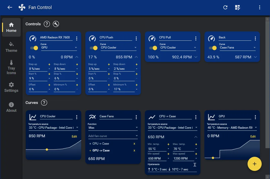 Fan Control desktop interface showing GPU and CPU fan controls, temperature curves and a mixed case-fan curve