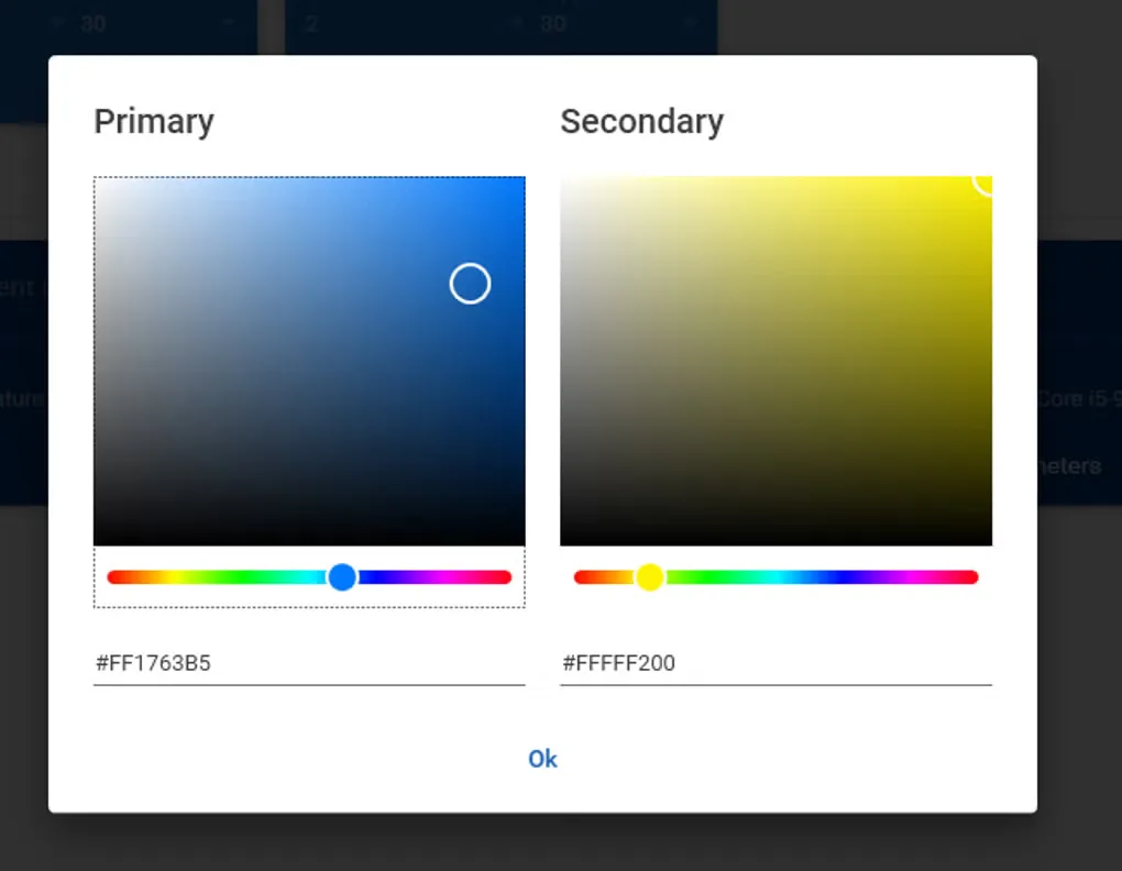Fan Control theme dialog with primary and secondary color pickers over the fan dashboard