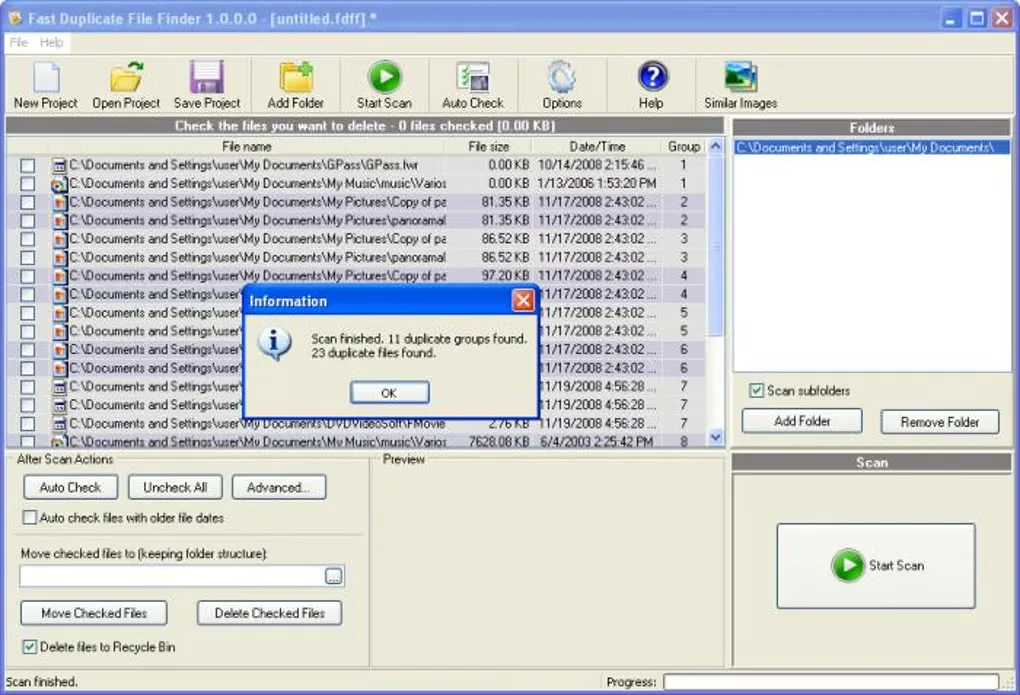 Historical Fast Duplicate File Finder 1.0.0.0 Windows interface with duplicate groups, scan-complete dialog, folder selection and Recycle Bin option.