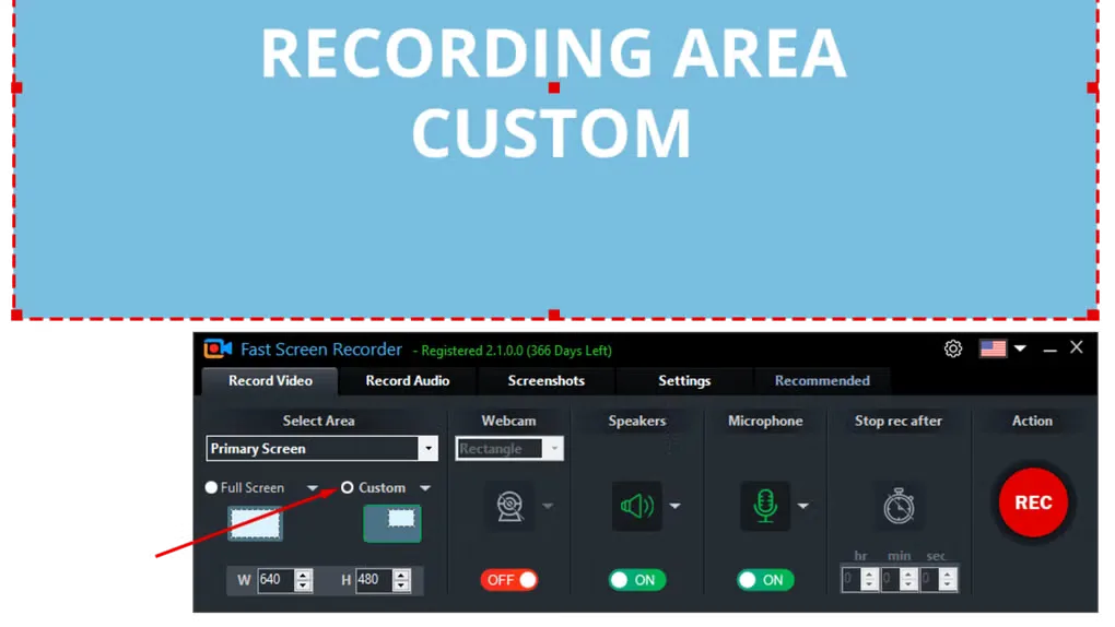 Fast Screen Recorder's older Windows interface showing custom-area selection, microphone and speaker controls, an auto-stop timer and the REC button.
