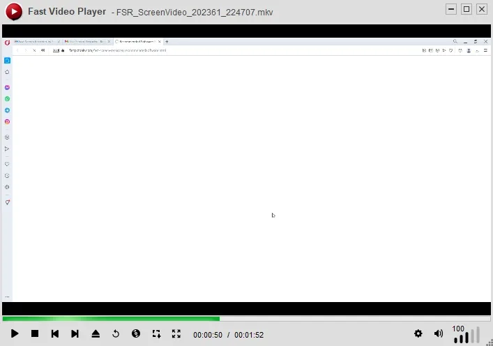 Fast Video Player on Windows playing a screen recording, with a timeline, transport controls and volume slider