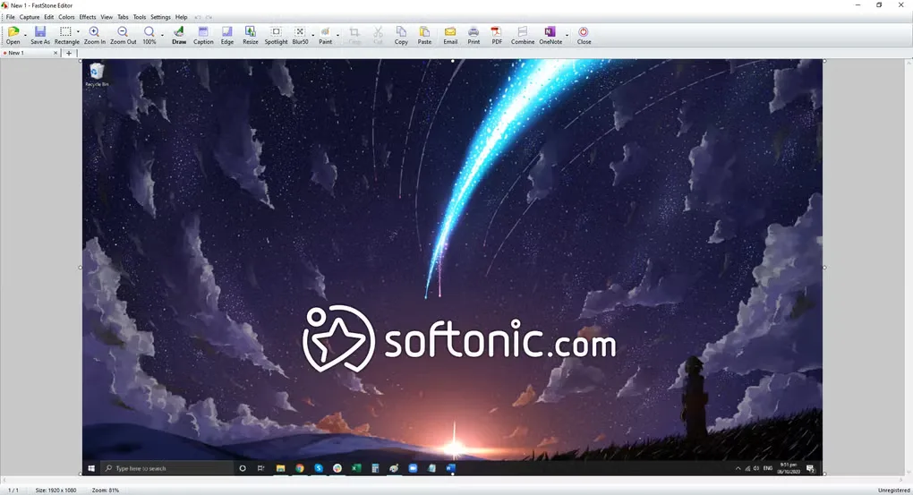 FastStone Editor on Windows showing screenshot editing controls above a desktop capture with the original Softonic watermark