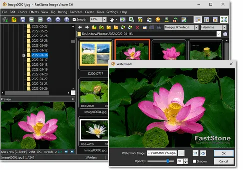FastStone Image Viewer 7.6 with folder browser, photo thumbnails and Watermark dialog over a pink lotus photo; older publisher screenshot