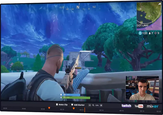 FBX clip playback interface with gameplay, webcam inset, timeline markers, Make Clip and Add Marker controls