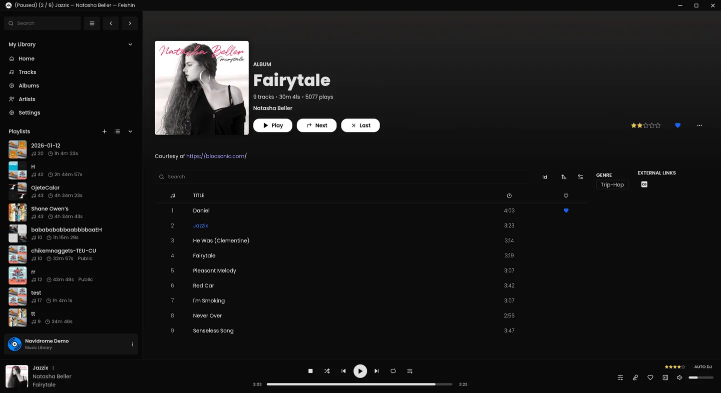 Feishin desktop album view with Fairytale by Natasha Beller, track list, library sidebar and playback controls