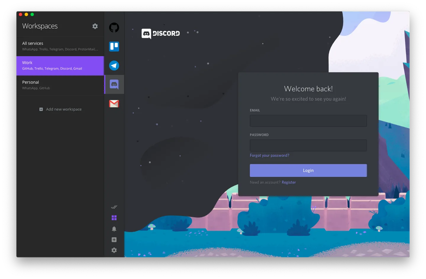 Ferdium Mac interface with Work and Personal workspaces, a service sidebar and the Discord sign-in screen