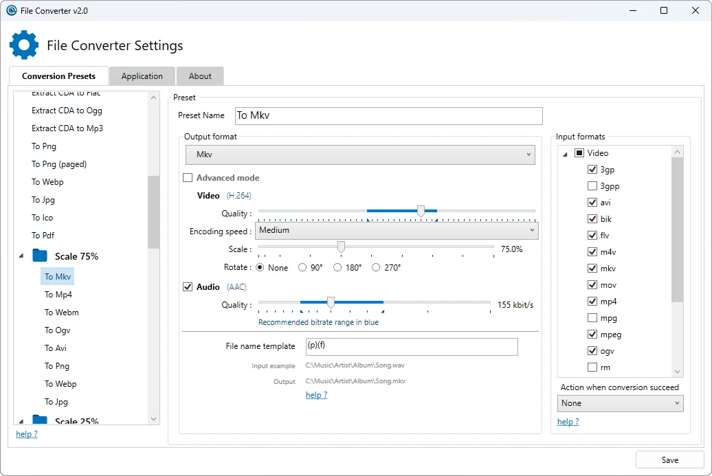 Publisher screenshot of File Converter v2.0 settings with the To Mkv conversion preset, quality controls and input-format list.