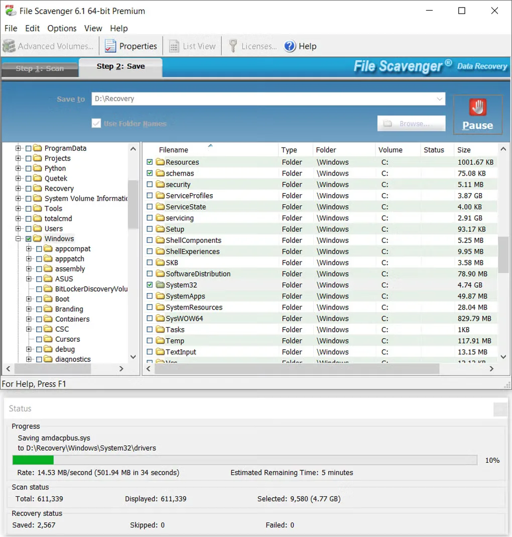Historical File Scavenger 6.1 Premium Windows interface showing selected folders and recovery progress.