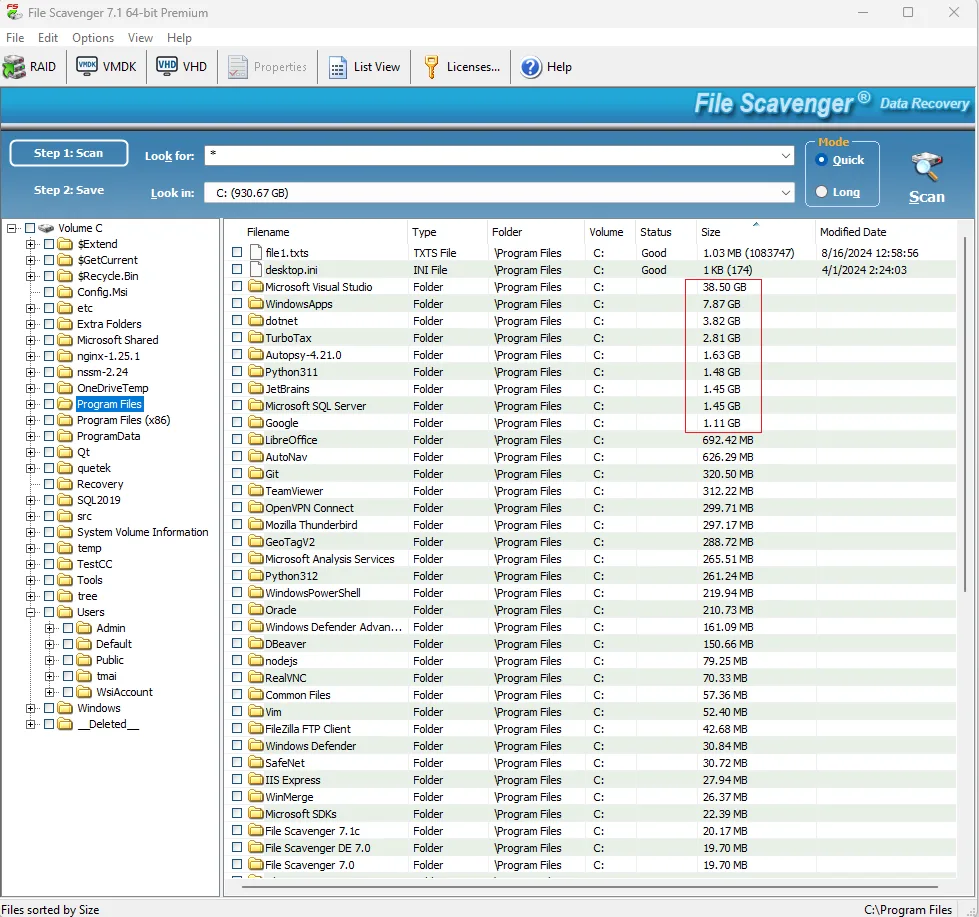 File Scavenger 7.1 Premium on Windows showing scan controls, a folder tree and file sizes.