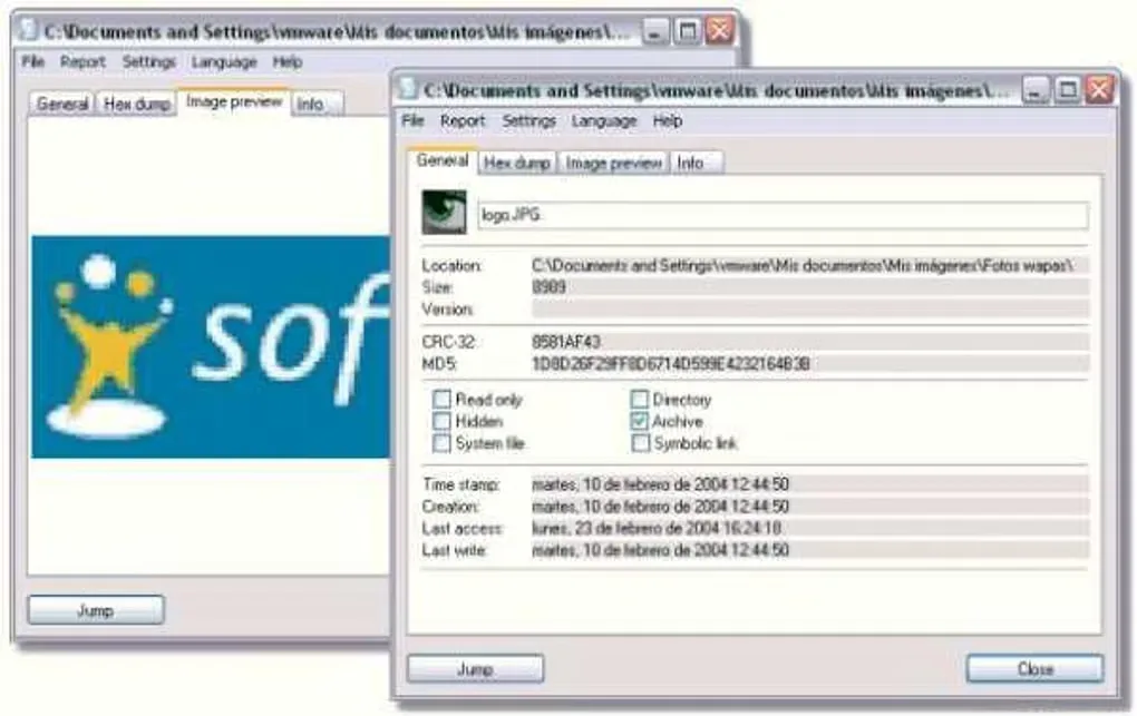 Legacy FileAlyzer Windows interface showing General file properties beside an Image preview window.