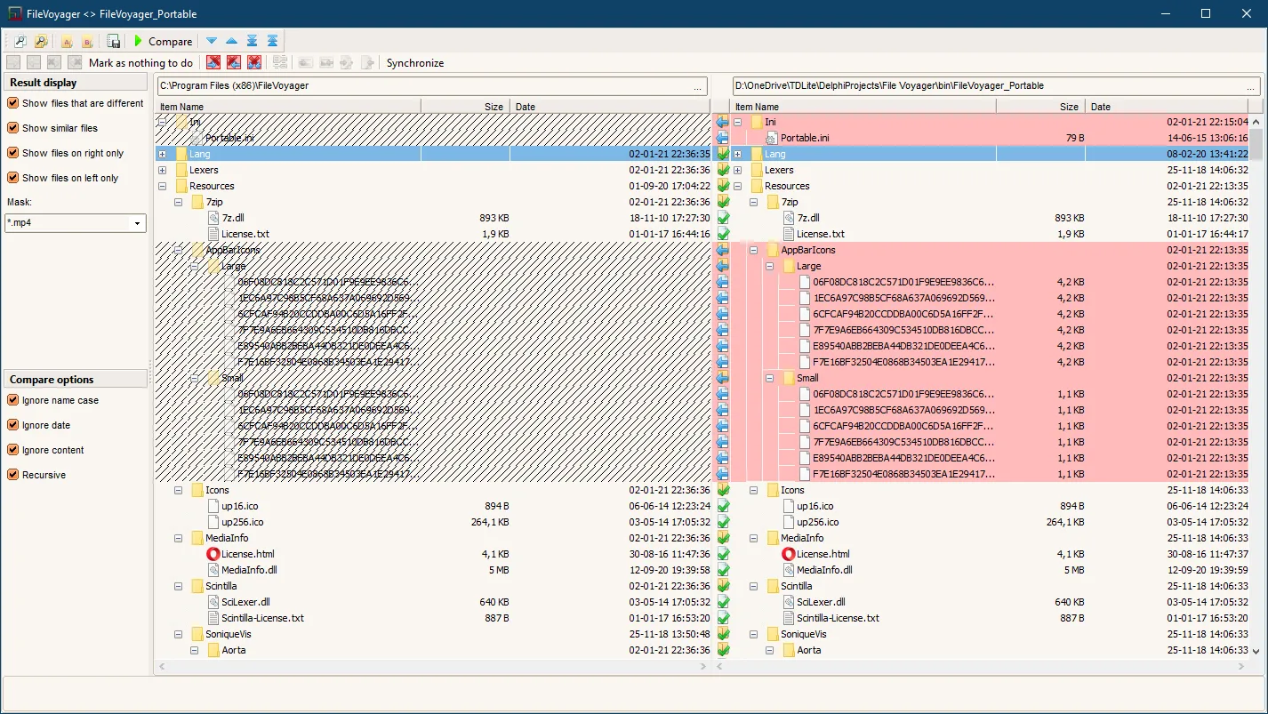 FileVoyager Folder Sync tool comparing two folder trees with highlighted differences and synchronization controls (publisher’s older example).
