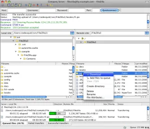 Historical FileZilla OS X window showing local and remote folders, a Download context menu and the transfer queue