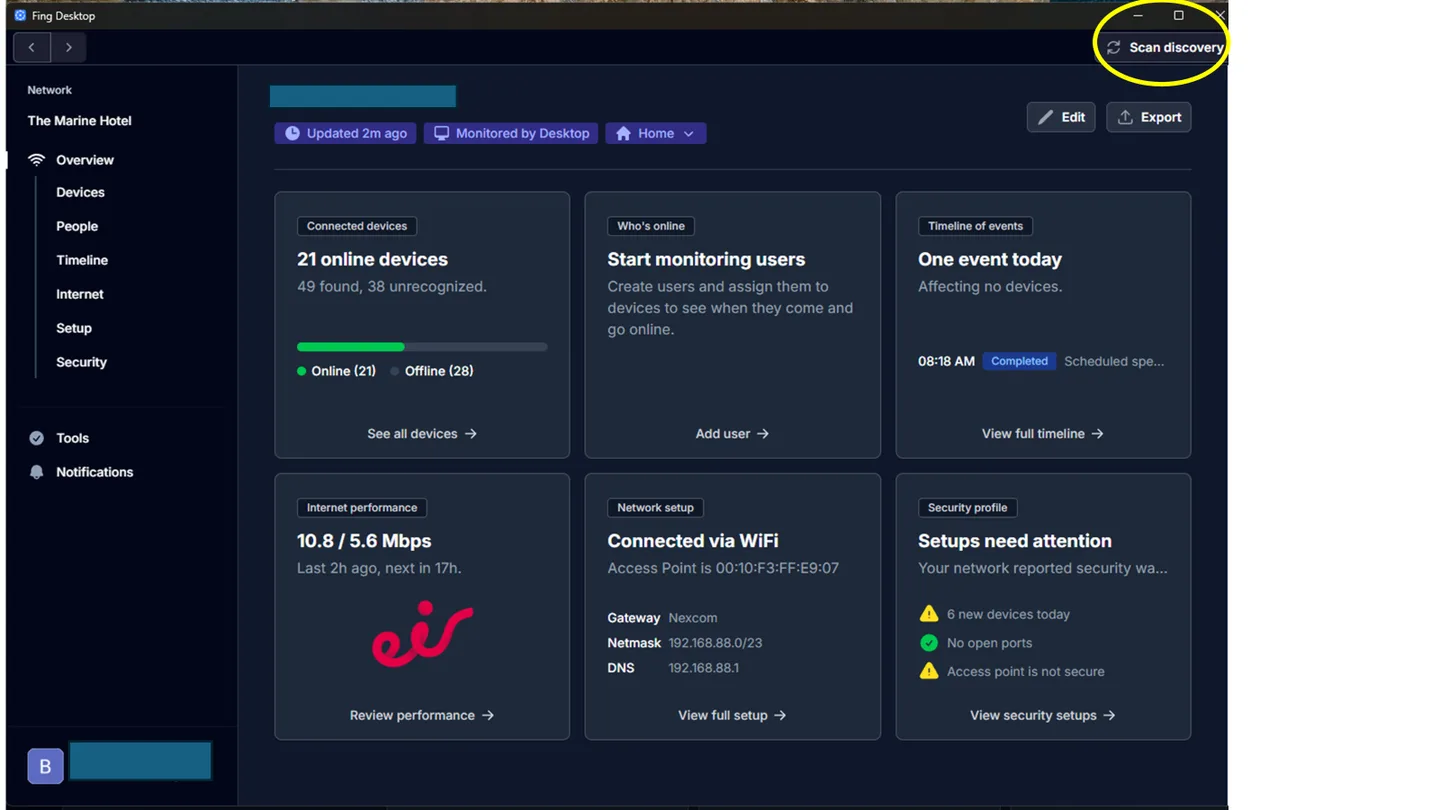 Fing Desktop Windows dashboard in dark mode showing device status, Internet performance and network setup; publisher highlights the scan button.