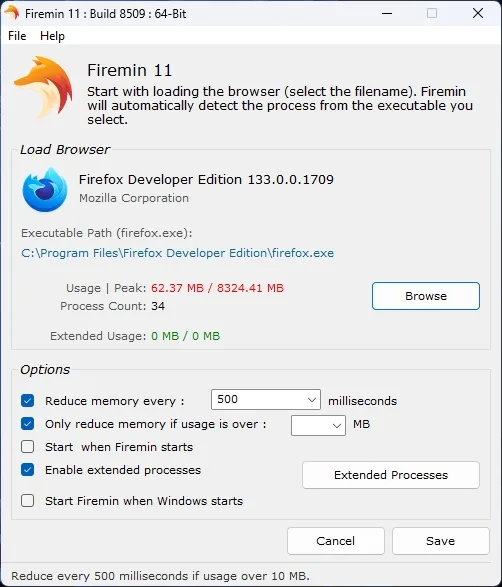 Firemin 11 build 8509 on Windows showing Firefox selection, memory interval, usage threshold and extended-process controls.